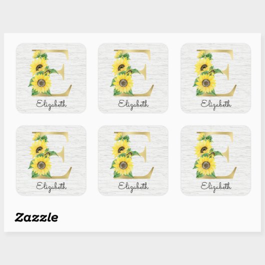 モノグラム金ゴールドひまわりガーリーフローライニシャルE スクエアシール (シート)