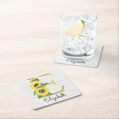 モノグラム金ゴールドひまわりガーリーフローライニシャルE スクエアペーパーコースター (インサイチュ)