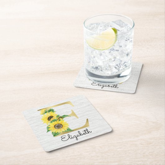 モノグラム金ゴールドひまわりガーリーフローライニシャルE スクエアペーパーコースター (インサイチュ)