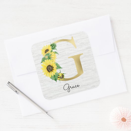 モノグラム金ゴールドひまわりガーリーフローライニシャルG スクエアシール (封筒)