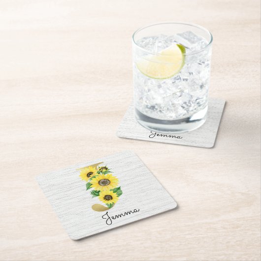 モノグラム金ゴールドひまわりガーリーフローライニシャルJ スクエアペーパーコースター (インサイチュ)