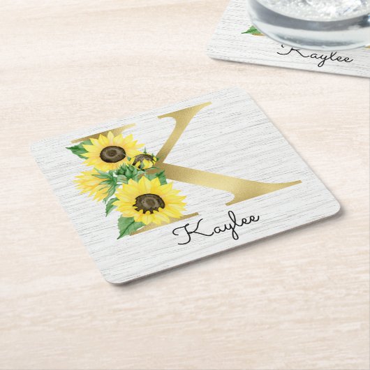 モノグラム金ゴールドひまわりガーリーフローライニシャルK スクエアペーパーコースター (アングル)