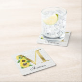 モノグラム金ゴールドひまわりガーリーフローライニシャルM スクエアペーパーコースター (インサイチュ)