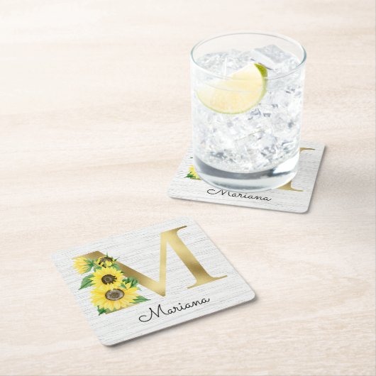 モノグラム金ゴールドひまわりガーリーフローライニシャルM スクエアペーパーコースター (インサイチュ)