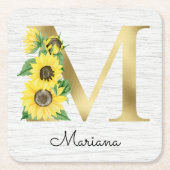 モノグラム金ゴールドひまわりガーリーフローライニシャルM スクエアペーパーコースター (正面)