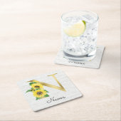 モノグラム金ゴールドひまわりガーリーフローライニシャルN スクエアペーパーコースター (インサイチュ)