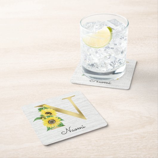 モノグラム金ゴールドひまわりガーリーフローライニシャルN スクエアペーパーコースター (インサイチュ)
