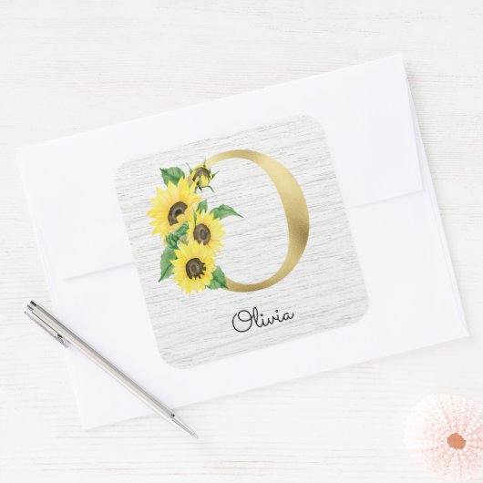 モノグラム金ゴールドひまわりガーリーフローライニシャルO スクエアシール (封筒)