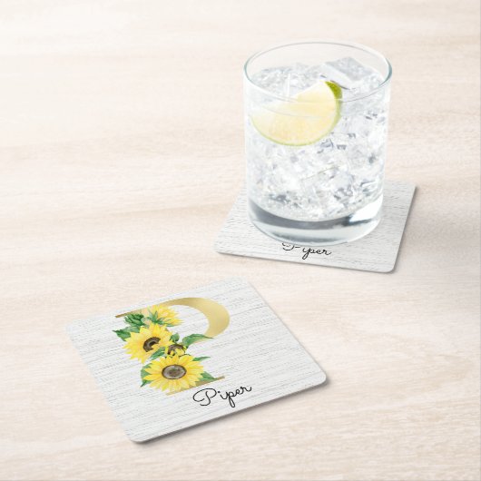 モノグラム金ゴールドひまわりガーリーフローライニシャルP スクエアペーパーコースター (インサイチュ)