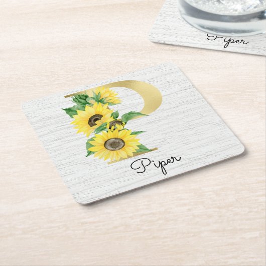 モノグラム金ゴールドひまわりガーリーフローライニシャルP スクエアペーパーコースター (アングル)