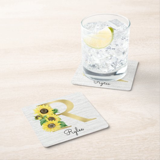モノグラム金ゴールドひまわりガーリーフローライニシャルR スクエアペーパーコースター (インサイチュ)