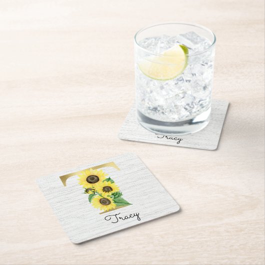 モノグラム金ゴールドひまわりガーリーフローライニシャルT スクエアペーパーコースター