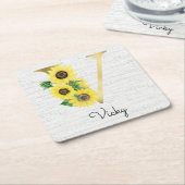 モノグラム金ゴールドひまわりガーリーフローライニシャルV スクエアペーパーコースター (アングル)