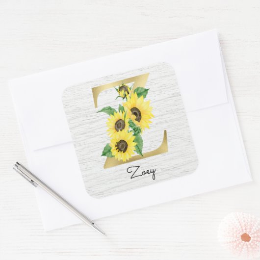 モノグラム金ゴールドひまわりガーリーフローライニシャルZ スクエアシール (封筒)