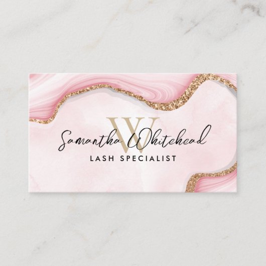 モノグラム金ゴールドグリッターピンクマーブルスワールウォーター色 名刺 (正面)