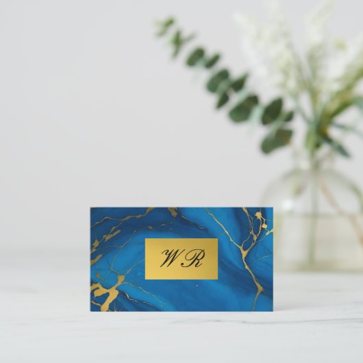 モノグラム金ゴールドグリッターブルー大理石名刺 名刺 (スタンド正面)