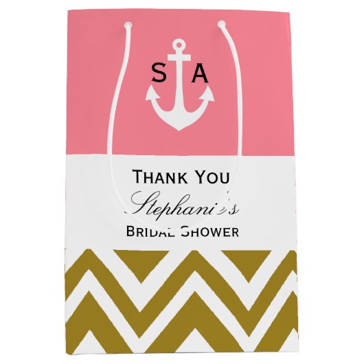 モノグラム金ゴールドシェブロンとピンク航海のブライダル ミディアムペーパーバッグ (正面)