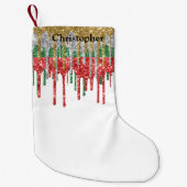 モノグラム金ゴールドシルバーレッドグリーングリッタードリップ スモールクリスマスストッキング (正面)