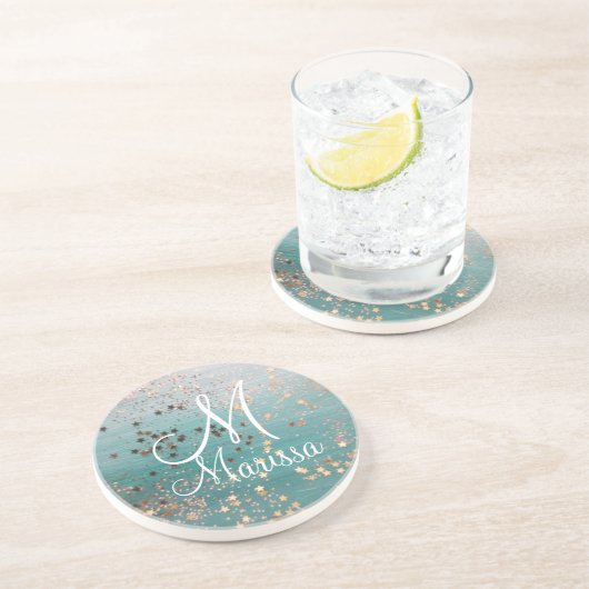 モノグラム金ゴールドスターズオンティール(緑がかった色) コースター (側面)