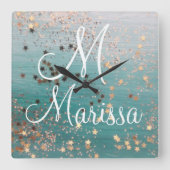 モノグラム金ゴールドスターズオンティール(緑がかった色) スクエア壁時計 (正面)