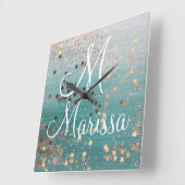 モノグラム金ゴールドスターズオンティール(緑がかった色) スクエア壁時計 (傾斜)