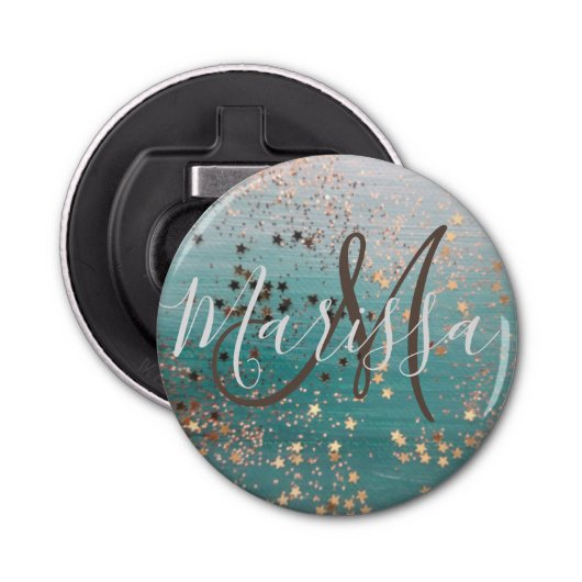 モノグラム金ゴールドスターズオンティール（緑がかった色） 栓抜き (正面)