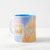 モノグラム金ゴールドターコイズオレンジ紫の水色 ツートーンマグカップ (正面左)