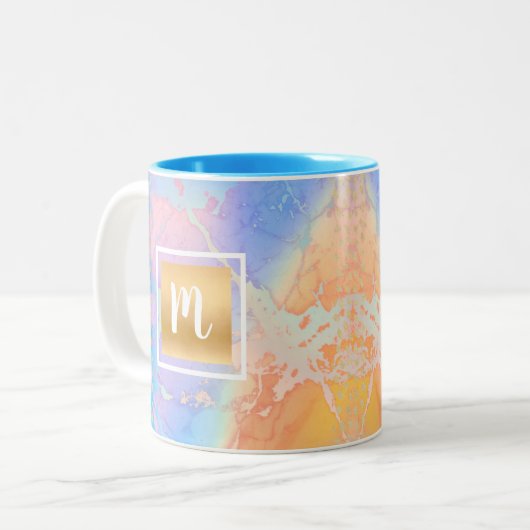 モノグラム金ゴールドターコイズオレンジ紫の水色 ツートーンマグカップ (正面左)
