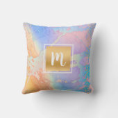 モノグラム金ゴールドターコイズピンク大理石の水色 クッション (裏面)