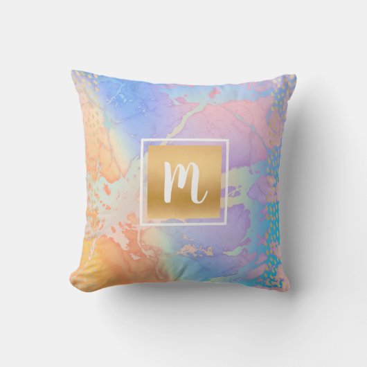 モノグラム金ゴールドターコイズピンク大理石の水色 クッション (正面)