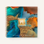 モノグラム金ゴールドターコイズ大理石水色正方形 ノートブック (正面)