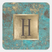 モノグラム金ゴールドターコイズ&ティール（緑がかった色）ヴィンテージ銅 スクエアシール (正面)