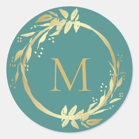 モノグラム金ゴールドティール（緑がかった色）クリスマスリース封筒用シール ラウンドシール (正面)