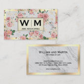 モノグラム金ゴールドフレーム大理石とフローラルパターン 名刺 (正面/裏面)