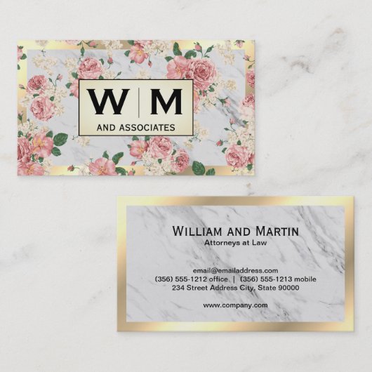 モノグラム金ゴールドフレーム大理石とフローラルパターン 名刺 (正面/裏面)