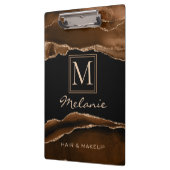 モノグラム金ゴールドモダンブラウンマーブルエレガントシック クリップボード (左)