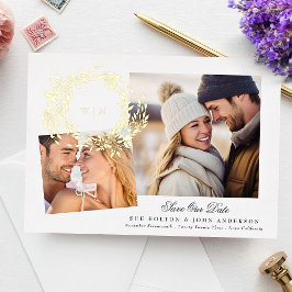 モノグラム金ゴールドリースコラージュ写真の保存日付 箔招待状