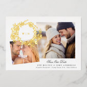 モノグラム金ゴールドリースコラージュ写真の保存日付 箔招待状 (正面)