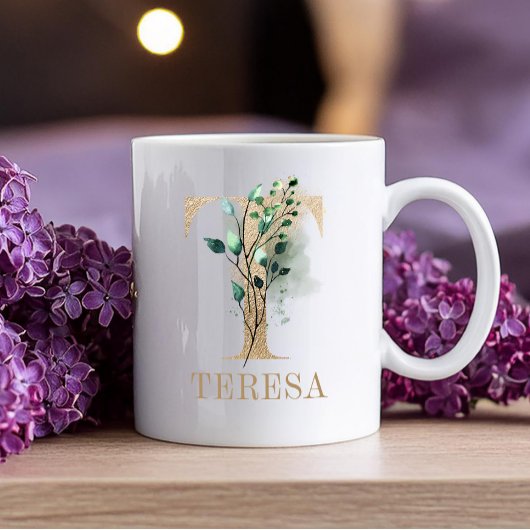 モノグラム金ゴールドレターT水色フローラ コーヒーマグカップ