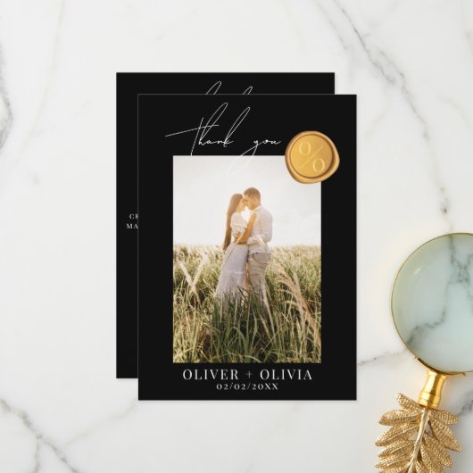 モノグラム金ゴールドワックスシ結婚ール写真 サンキューカード (正面/裏面インサイチュ)