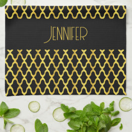 モノグラム金ゴールド及び黒色角箔模様 キッチンタオル