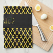 モノグラム金ゴールド及び黒色角箔模様 キッチンタオル (四つ折り)