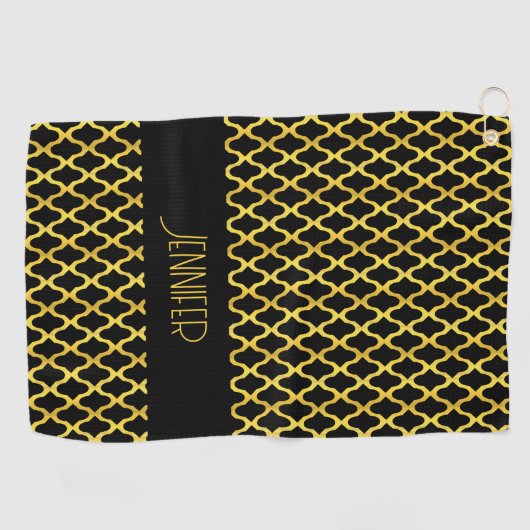 モノグラム金ゴールド及び黒色角箔模様 ゴルフタオル (横)