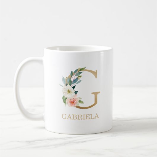 モノグラム金ゴールド文字G |フローラピンクホワイトグリーン コーヒーマグカップ (左)