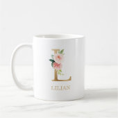 モノグラム金ゴールド文字L |フローラピンクホワイトグリーン コーヒーマグカップ (左)