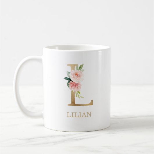 モノグラム金ゴールド文字L |フローラピンクホワイトグリーン コーヒーマグカップ (左)