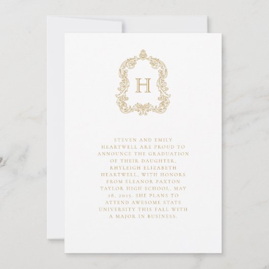 モノグラム金ゴールド白写真卒業発表 招待状 (裏面)
