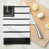 モノグラム金ゴールド白黒ストライプの キッチンタオル (四つ折り)