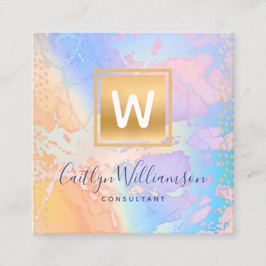 モノグラム金ゴールド紫の青い水色の大理石スクリプト スクエア名刺 (正面)