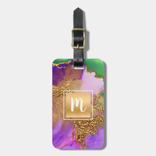 モノグラム金ゴールド紫グリーンアクアゲート抽象芸術 ラゲッジタグ (正面縦)